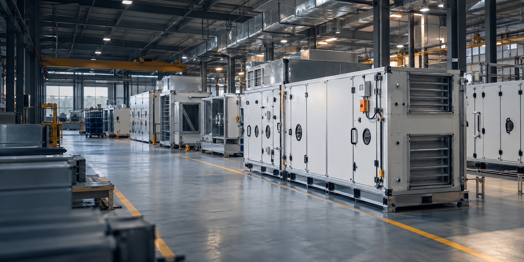 Modern air handling units inside a precision HVAC manufacturing facility